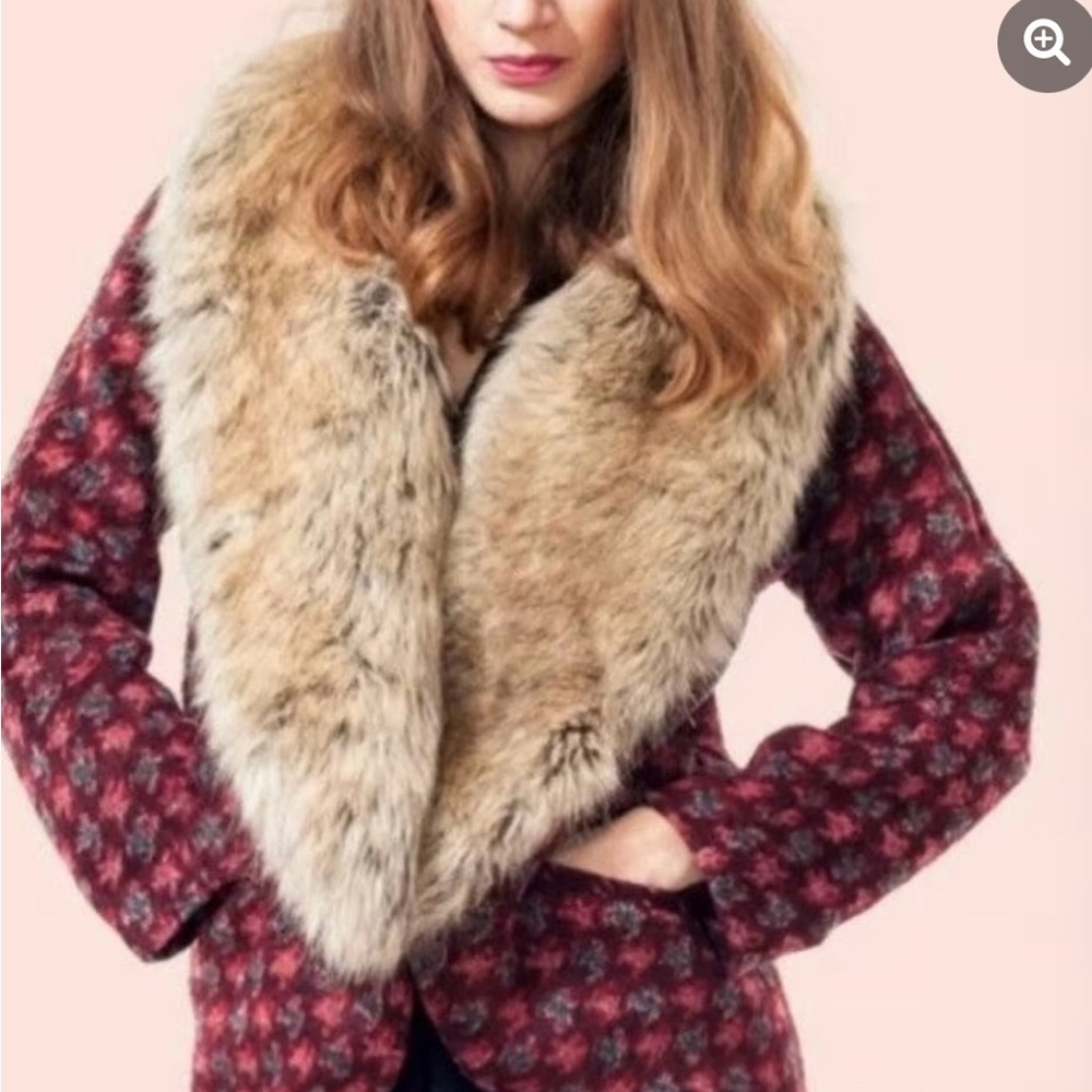 MODCLOTH ALICE’S PIG FELINE FUR Faux Fur Collar Red Jacket 12 NWT Retro Vintage